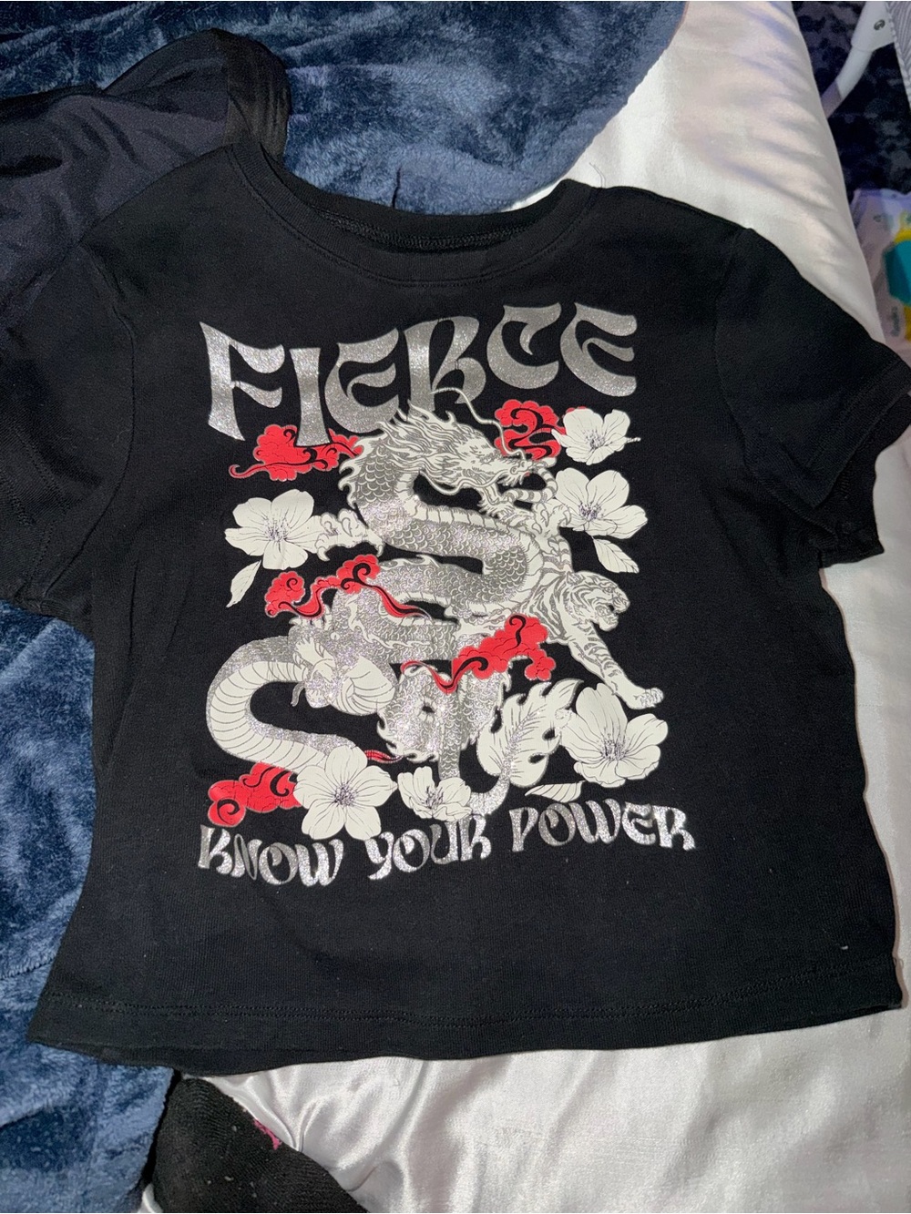 No Boundaries Black Graphic Dragon Tee with Red Accents